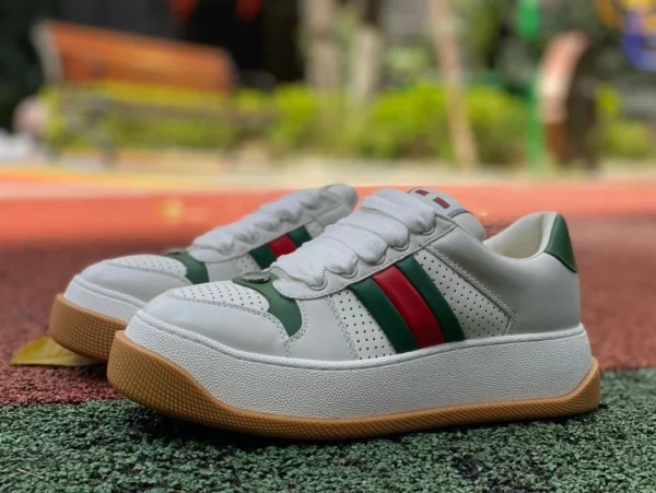 Gucci Tesão Recorte Branco Verde GUCC Screener Couro Tesão Plataforma Recortada Sola Fita Tênis Low-top